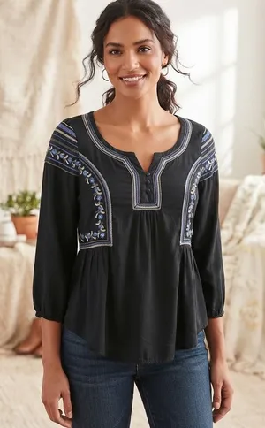 American Eagle Outfitters Black Embroidered Peasant Blouse Womens Small‎ thumbnail 1
