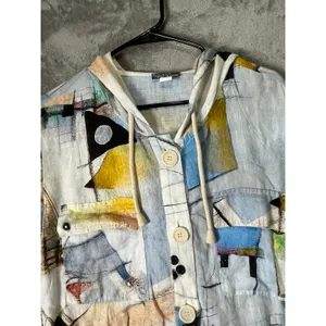 Dolcezza Simply Art Linen Blend Hooded Jacket Large Abstract Print Artsy Boho thumbnail 2