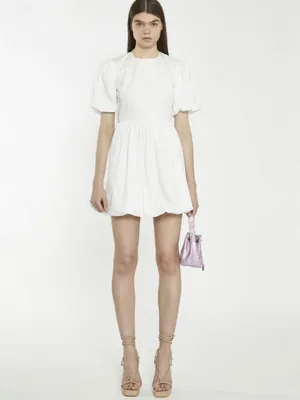 Glamorous Puff-Sleeve Mini Dress White Open Back Lace Up Skater Dress White Sz 4 thumbnail 2