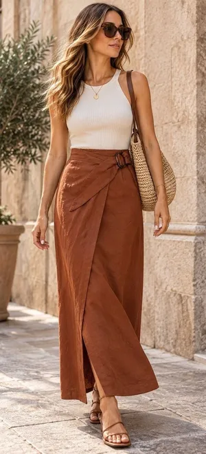 MNG Mango Brown Wrap Maxi Skirt Belted High Waist Viscose Blend Size M thumbnail 1