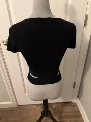 Zara Black Deep V Crop Top with Waist Cutouts, Sz M thumbnail 2