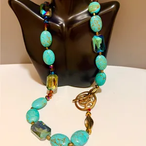 Boho Turquoise Colored Howlite Crystal Toggle Clasp Statement Necklace Blue thumbnail 2