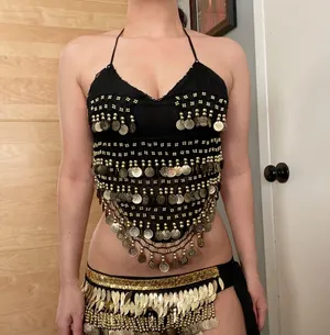Dolls Kill cute sexy belly dancer backless dangling fringe coin chiffon gold Halloween costume thumbnail 3