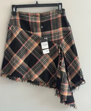 Threadbare Yana Plaid Asymmetrical Fringe Mini Skirt Gray XS US 4 NWT thumbnail 1