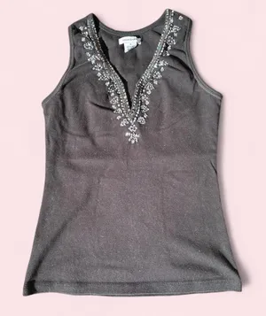 Black tank top with silver floral embroidery along the neckline thumbnail 1