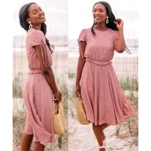 Gal Meets Glam Pink And‎ Red Polka Dot Corinne Fit And Flare Midi Dress Size 4 thumbnail 2