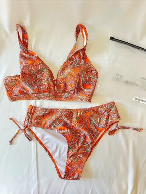 Orange Paisley Two-Piece Bikini Set - Supportive Top & Tie-Side Bottoms thumbnail 1