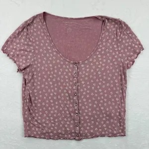 American Eagle‎ Soft Sexy Rib Floral Button Up Crop Top Women's L/G Pink thumbnail 1