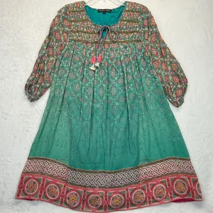 Anthropologie Tanvi Kedia Dress Bohemian Tassel Tie Rayon Green Floral Print S‎ thumbnail 1