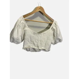 J.Crew Wrap Crop Top Womens XL White‎ Puff Sleeve Smocked Cotton Cottagecore thumbnail 5
