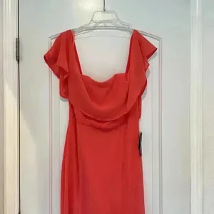 NWT Lulus All My Heart Coral Pink Off-the-Shoulder Maxi Dress Chiffon Sz L thumbnail 7