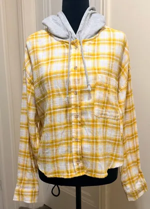 Ultra Flirt Yellow Plaid Hooded Flannel Button-Down Shirt Size XL - NWOT thumbnail 5