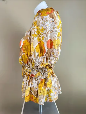 Cato Floral Milkmaid Top L Cottagecore Smocked Puff Sleeve Boho 70s Festival thumbnail 5