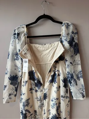 Abercrombie & Fitch NWT Ivory & Blue Emerson Chiffon Long-Sleeve Midi Dress XS thumbnail 11