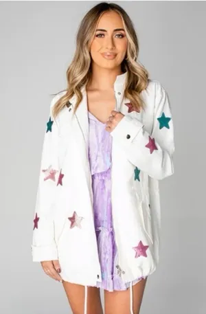 Buddy‎ Love White Denim Sequin Star Jacket Size Medium NWT thumbnail 1