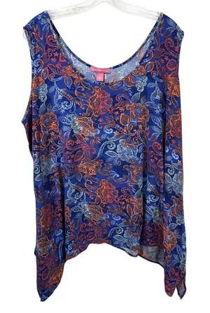 Woman Within 1X Tank Top 22/24W Blue Orange Paisley Sleeveless Rayon Coastal 750 thumbnail 1