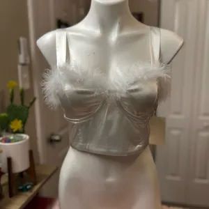 Meraki White Satin Feather Trim Crop Top Size S Bustier Corset Style Adjustable thumbnail 6