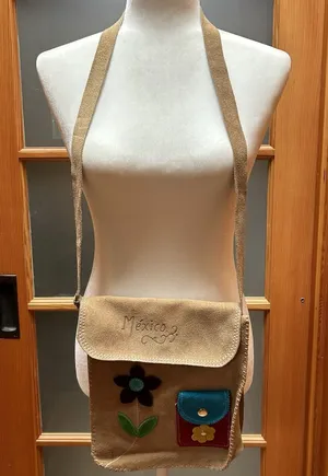 VTG Mexico Handmade Artisan Leather Suede Crossbody Purse Bag Retro Boho Tan thumbnail 1