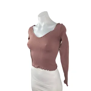 Free People FP Movement Nude Pink Lettuce Rib Knit Long Sleeve Crop Top Sz XS/S thumbnail 3