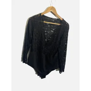 Boohoo Bodysuit Womens‎ 16 Black Floral Lace Long Sleeve V-Neck Sexy Night Out thumbnail 2