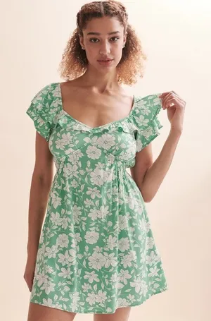 Billabong Enchant Me Ruffle Sleeves Floral Print Plunge Mini Dress Size Large thumbnail 1
