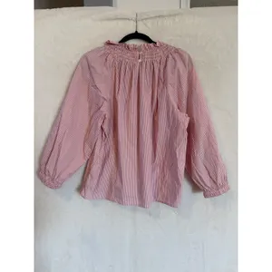 J.Crew Pink White Striped Smocked Ruffle Neck Blouse Women Large Balloon Sleeve thumbnail 9