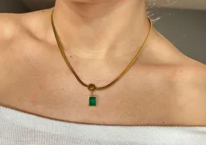 Emerald Green Diamond Crystal Gem Gold Chain Necklace thumbnail 1