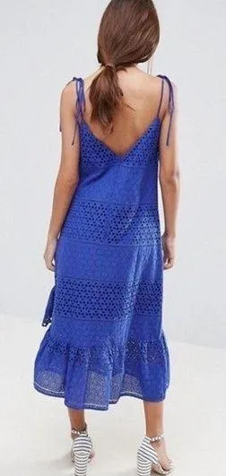 ASOS Blue Eyelet Lace Tie Shoulder Dress thumbnail 2