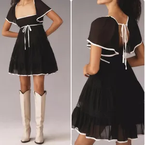 Anthropologie‎ Maeve XS Flutter Sleeve Bow Babydoll Dress Black White Whimsigoth thumbnail 2