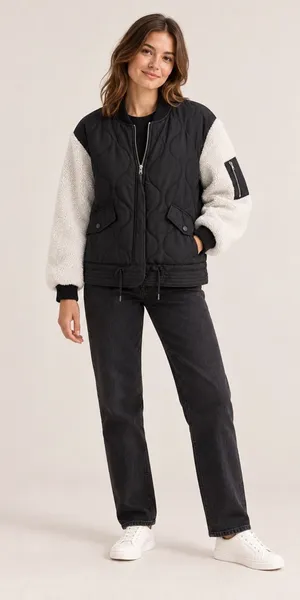Focus Quilted Sherpa Sleeve Bomber Jacket Black White Size M thumbnail 1