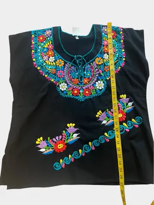 Mexican Embroidered Floral Black Huipil Blouse Folk Art Top Large thumbnail 6