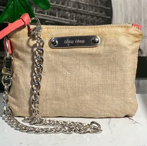 Authentic Miu Miu Beige Linen Pouch with Coral Trim thumbnail 1