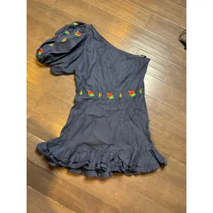 Fanm Mon Flame Mini‎ Linen One Sleeve Ruffle Hem Floral Embroidery Dress Size L thumbnail 2