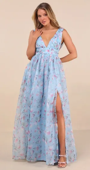 Lulus Garden Romance Organza Maxi Dress M Light Blue Floral Print Formal Wedding thumbnail 1