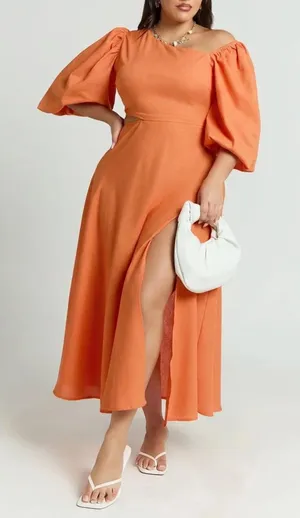 Showpo Rhyne Midi Dress Papaya Orange Asymmetric Puff Sleeve Cut Out US 16 NEW thumbnail 1