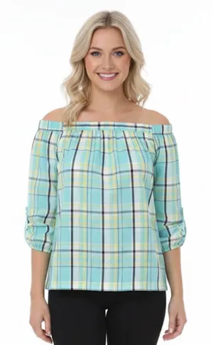 Crown & Ivy medium off shoulder plaid cotton top thumbnail 1