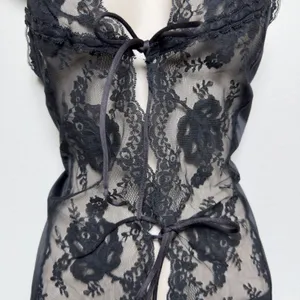 American Vintage VTG 60s Jenelle of California Women Black Lace Cami Top Sheer Tie Front Floral thumbnail 5
