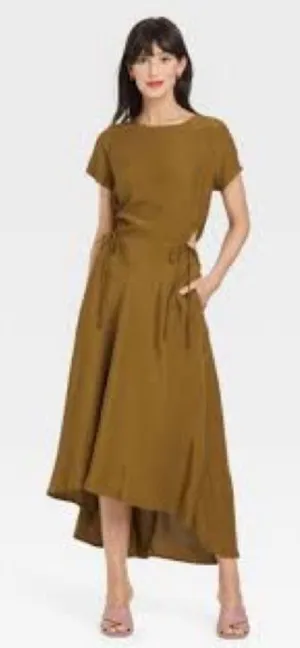 A New Day Brown Midi Dress Lightweight Cutout asymmetrical Hem‎ Tie Back Size M thumbnail 1