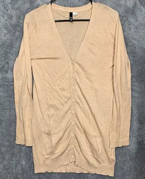 H&M Cardigan‎ Women 34 Peach Tan Longline Button Front V-Neck Knit Pockets thumbnail 1