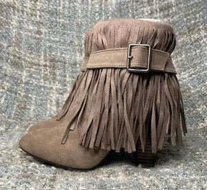 Qupid Women Almond Toe Belted Fringe Ankle Bootie in Taupe thumbnail 1