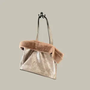 Jessica Simpson Metallic Champagne Faux Fur Trim Tote Bag Gold Logo Charm Large thumbnail 2