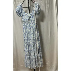 Altar'd State Floral Tiered Maxi Dress XXS Blue White Puff Sleeve Smocked NWT thumbnail 3
