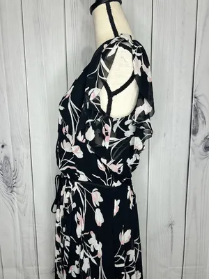 White House | Black Market Sz 8 Chiffon Black Garden Floral Elastic Waist Midi Dress Keyhole Neckline thumbnail 6