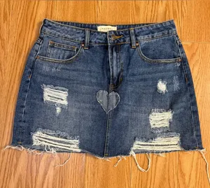PacSun Light Blue Denim Distressed Mini Skirt with Heart Appliqués size 28 thumbnail 1