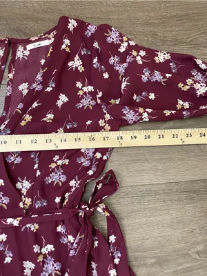 Mi Ami Long Sleeve Floral Mini Dress Size M Maroon Surplice Tie Waist Boho Chic thumbnail 14