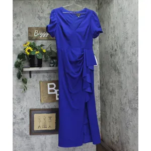 NWT Xscape Scuba Crepe V Neck Ruffled Puff Sleeve Dress Gown Marine Blue 14P thumbnail 4
