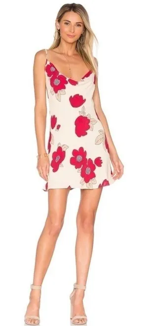 Privacy Please Ozark Mini Dress Sand Poppy Red Floral Cowl Low Back Small 453 thumbnail 1