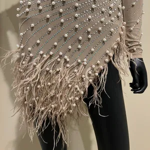 Rhinestones mini dress long sleeve pearl dress mock neck dress fringe feathers dress Sequin Dress thumbnail 4
