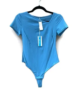 Cupshe Aylin Ribbed Asymmetrical Neck Bodysuit Blue Large NWT thumbnail 2