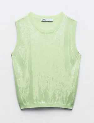Zara Sequin Knit Sleeveless Top - Light Green thumbnail 1